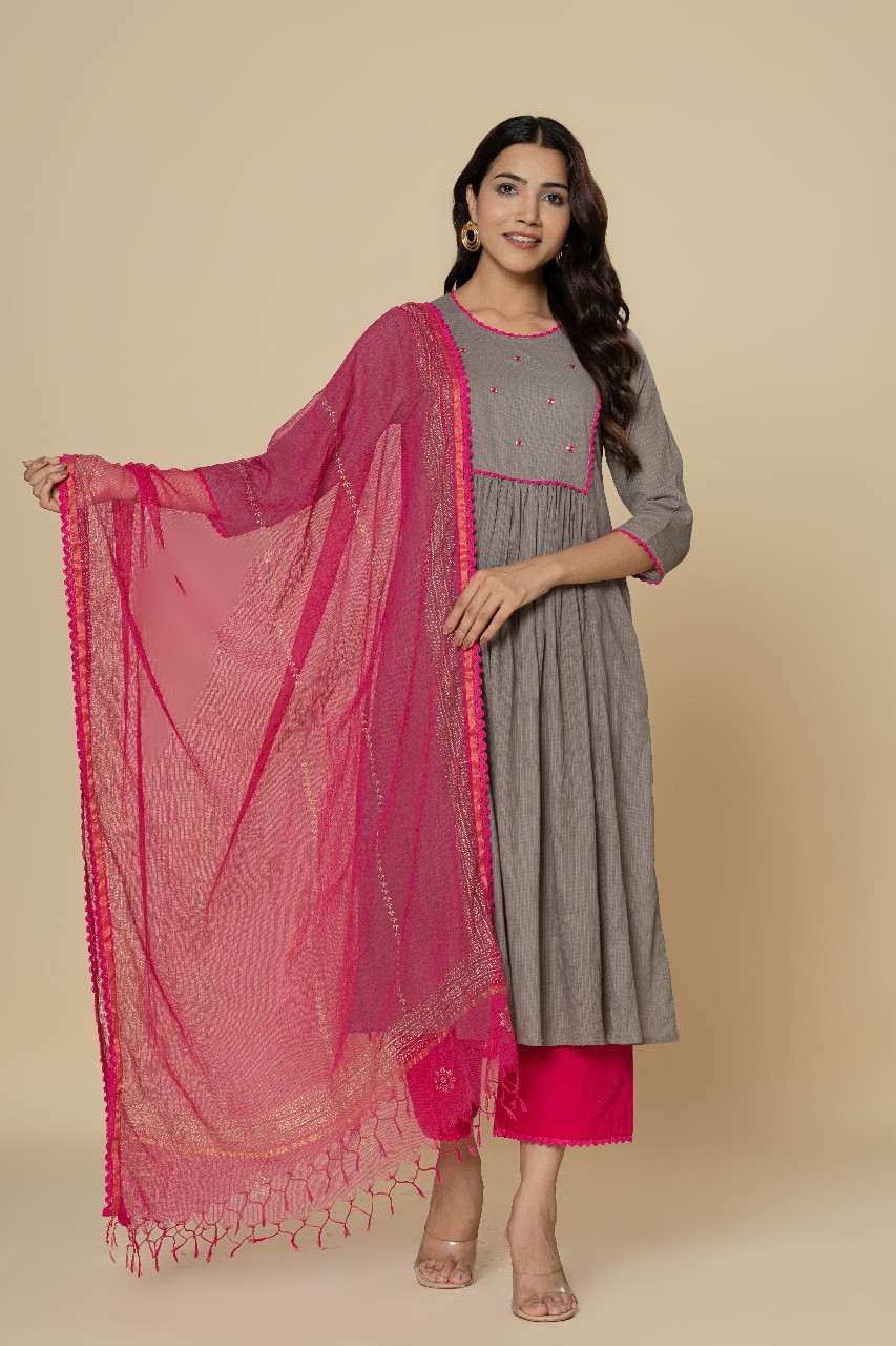 Naksh Grey Pink Gathered Kurta (Set of 3)