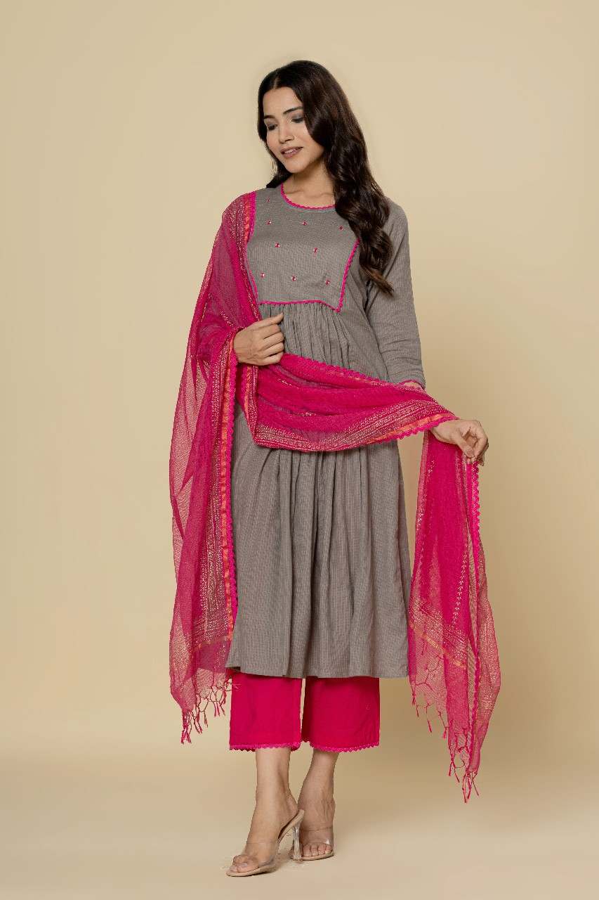 Naksh Grey Pink Gathered Kurta (Set of 3)