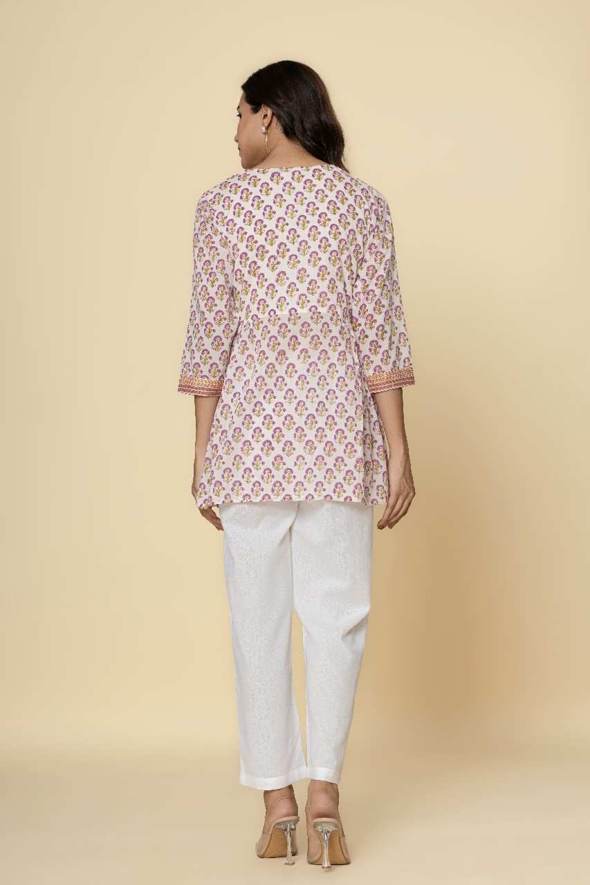 Naksh White Purple Booti Printed Gathered Kurti