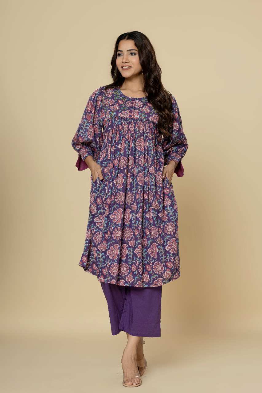 Naksh Purple Gathered Kurta and Pants (Set of 2)
