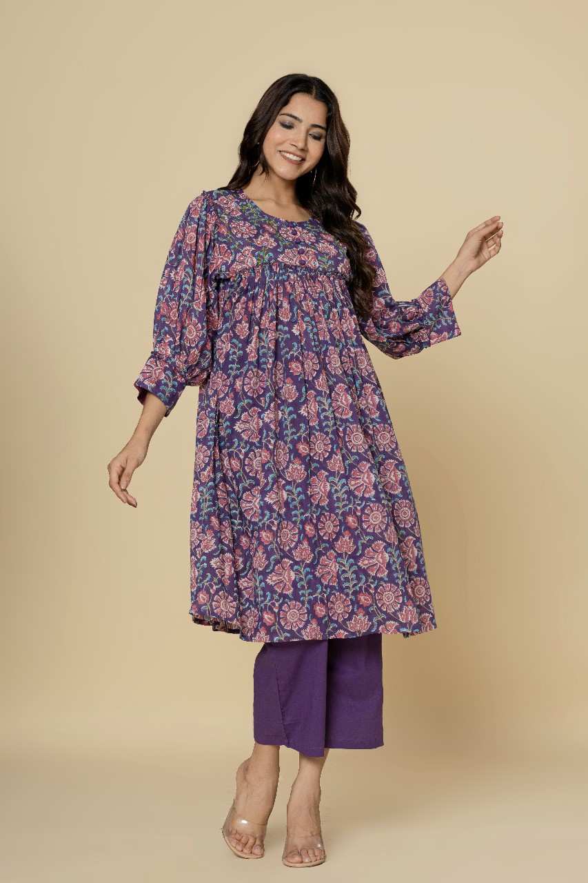 Naksh Purple Gathered Kurta and Pants (Set of 2)
