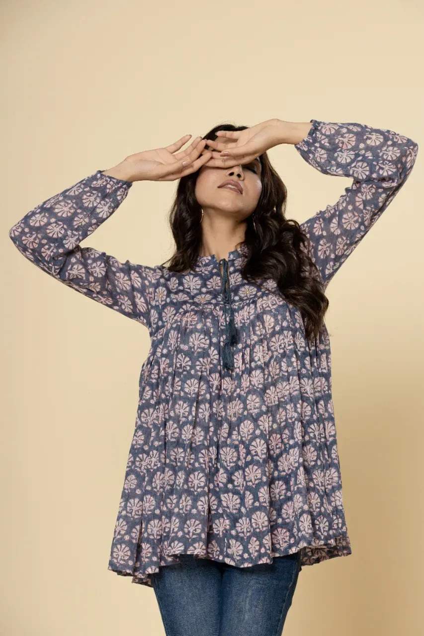 Naksh Grey Booti Block Printed Short Gathered Kurti