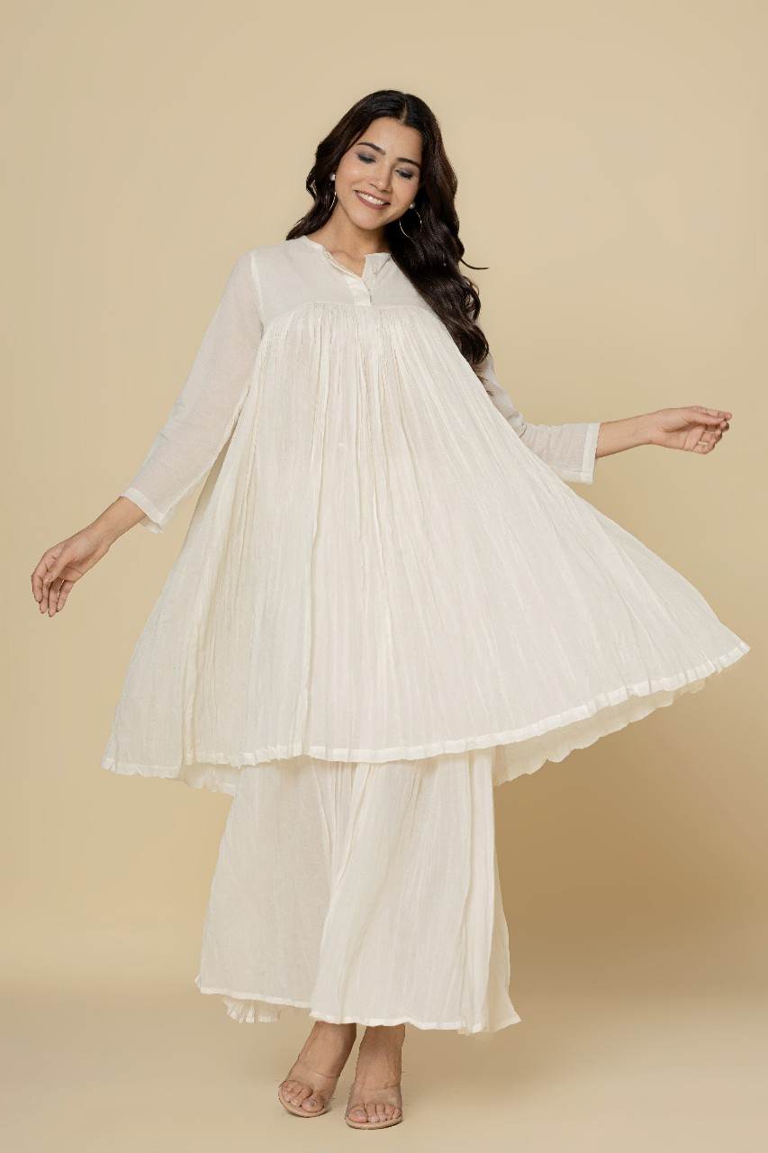 Naksh Whte Mulmul Gathered Kurta And Sharara (Set of 2)