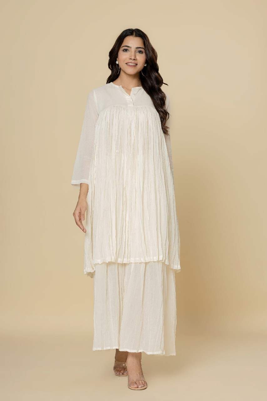 Naksh Whte Mulmul Gathered Kurta And Sharara (Set of 2)