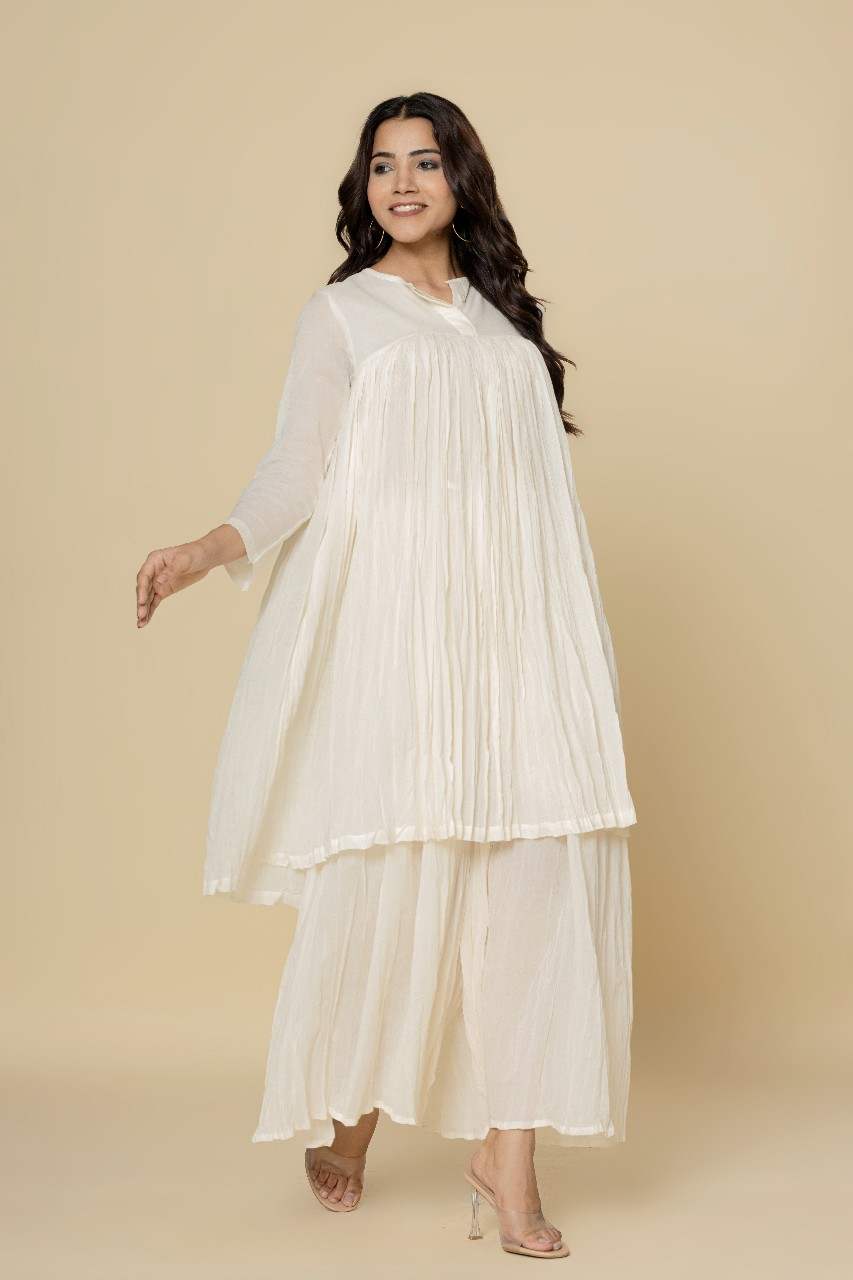Naksh Whte Mulmul Gathered Kurta And Sharara (Set of 2)