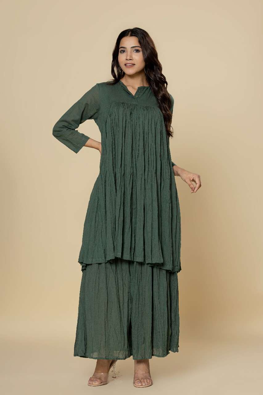 Naksh Green Mulmul Gathered Kurta And Sharara (Set of 2)
