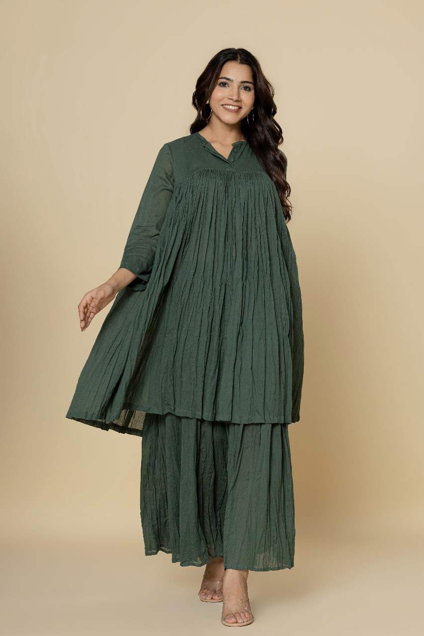 Naksh Green Mulmul Gathered Kurta And Sharara (Set of 2)