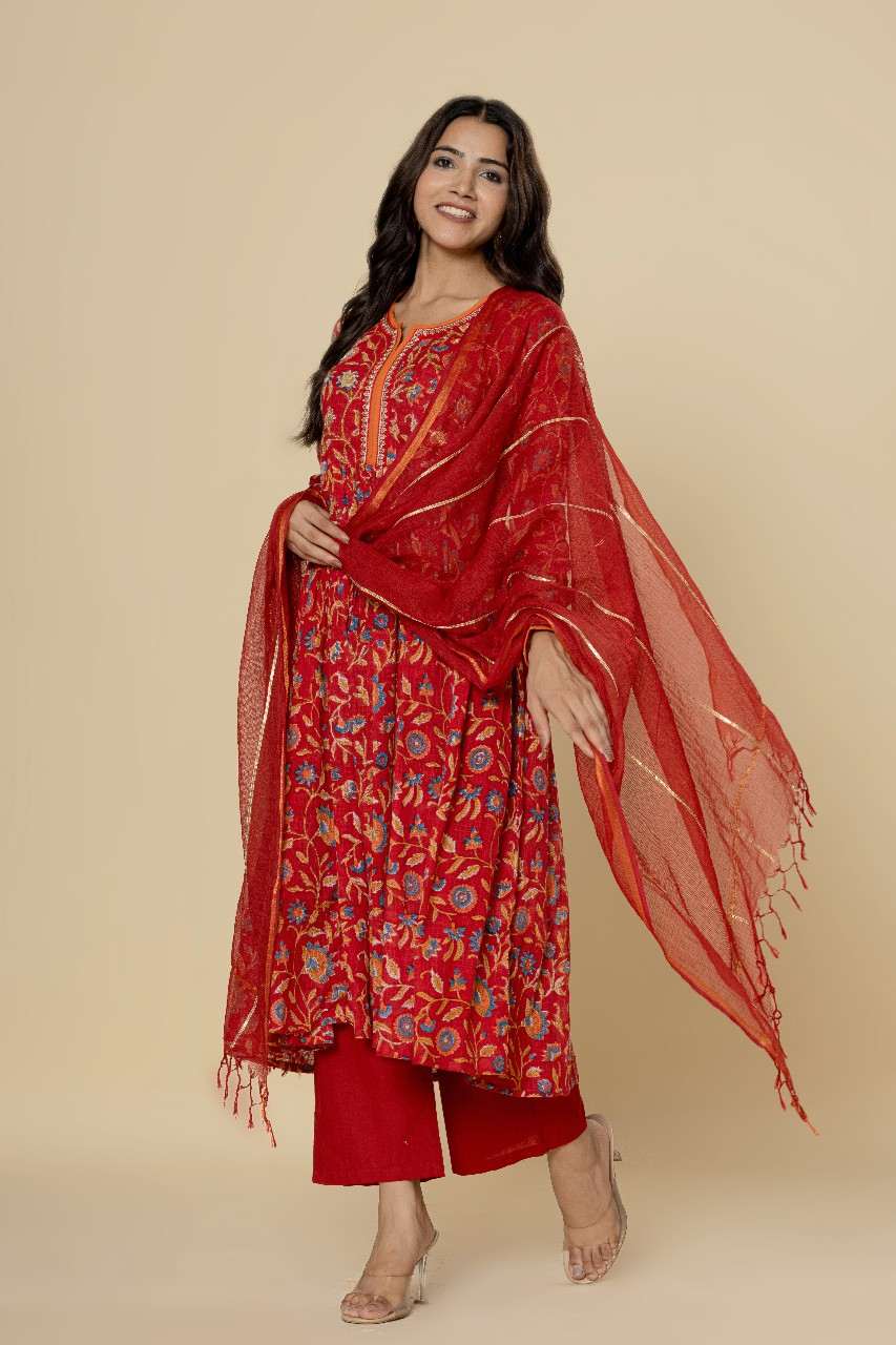 Naksh Red Kalidar Kurta (Set of 3)