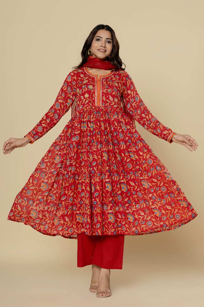 Naksh Red Kalidar Kurta (Set of 3)