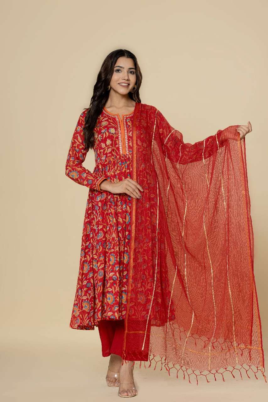 Naksh Red Kalidar Kurta (Set of 3)