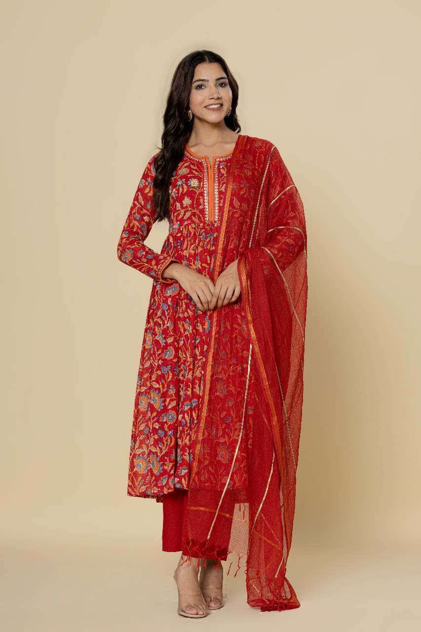 Naksh Red Kalidar Kurta (Set of 3)