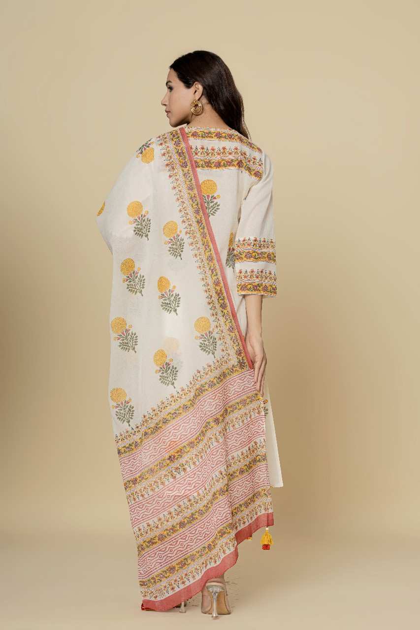 Naksh Ivory Printed Straight Kurta, Dupatta And Pants (Set of 3)