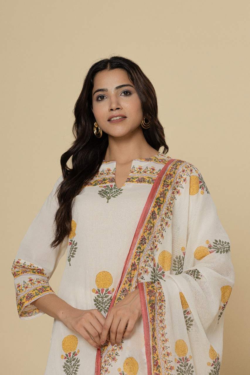 Naksh Ivory Printed Straight Kurta, Dupatta And Pants (Set of 3)