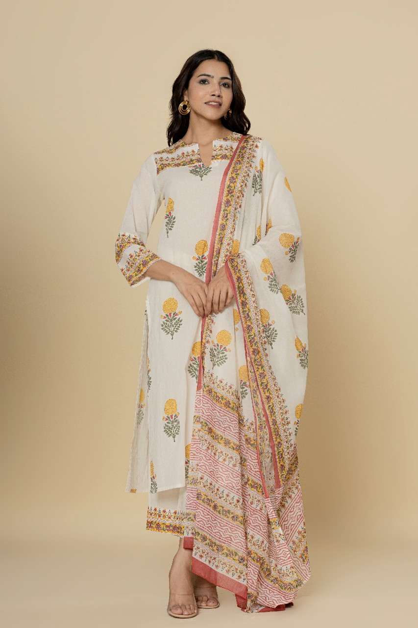 Naksh Ivory Printed Straight Kurta, Dupatta And Pants (Set of 3)