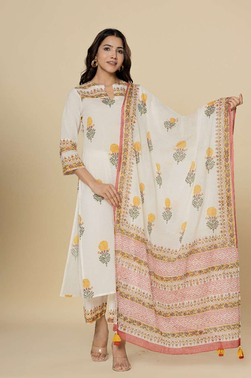 Naksh Ivory Printed Straight Kurta, Dupatta And Pants (Set of 3)
