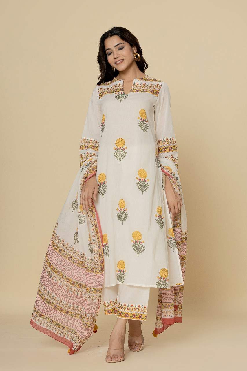 Naksh Ivory Printed Straight Kurta, Dupatta And Pants (Set of 3)