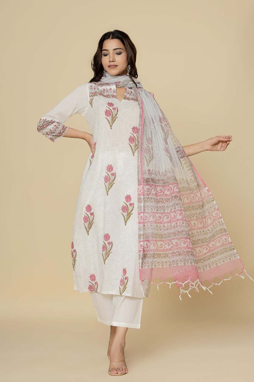 Naksh White Printed Straight Kurta With Dupatta (Set of 2)