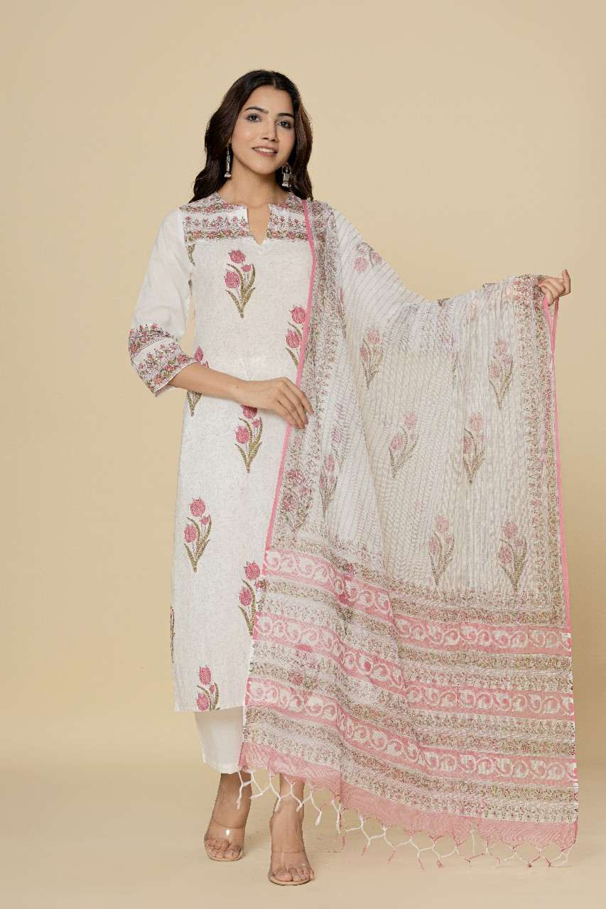 Naksh White Printed Straight Kurta With Dupatta (Set of 2)