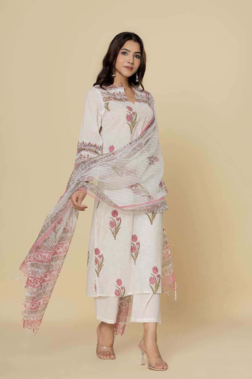 Naksh White Printed Straight Kurta With Dupatta (Set of 2)