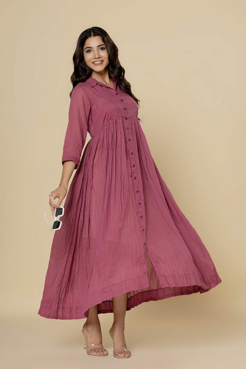 Naksh Onion Pink Solid Collared Long Gathered Kurta-Dress