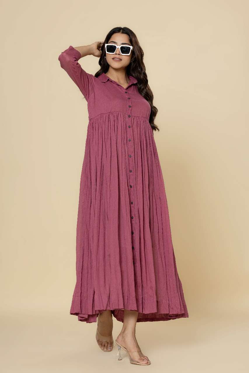 Naksh Onion Pink Solid Collared Long Gathered Kurta-Dress