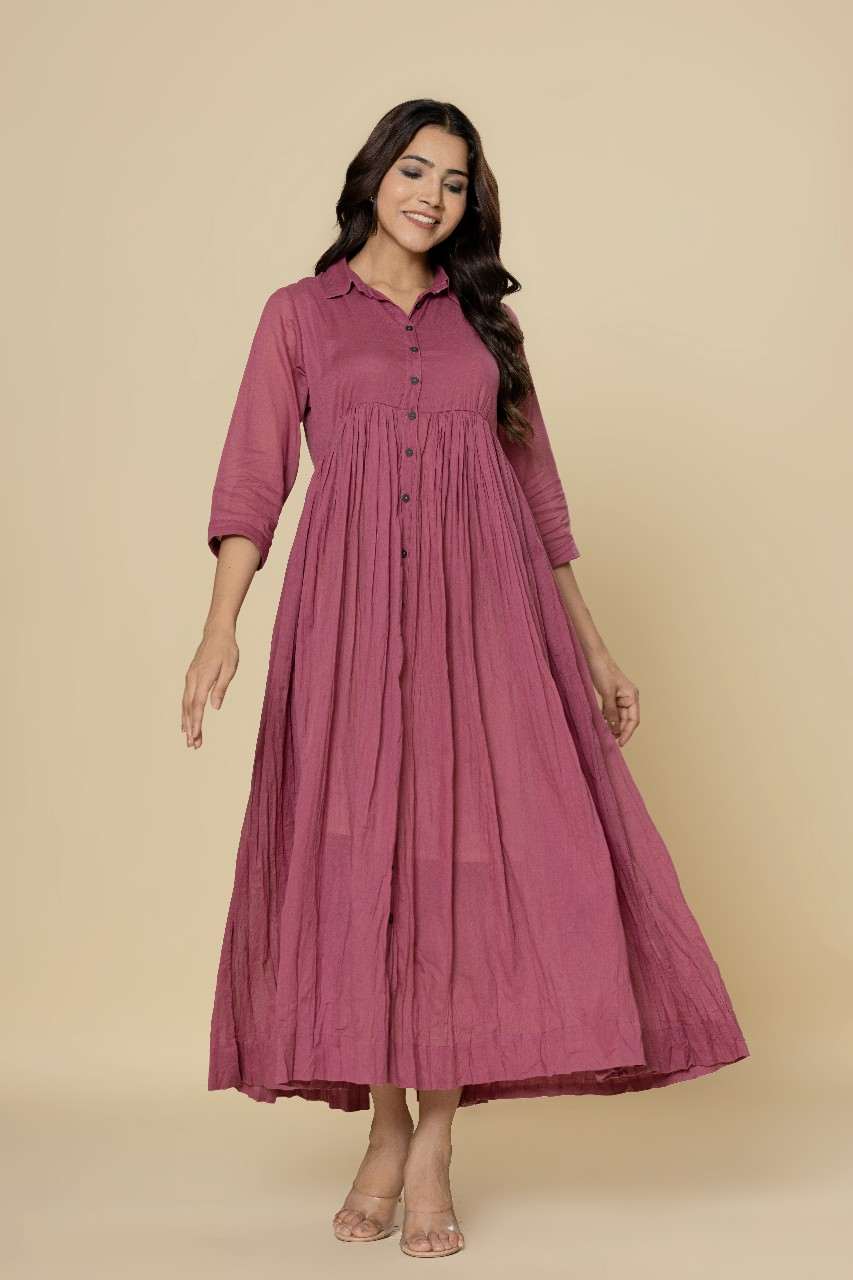 Naksh Onion Pink Solid Collared Long Gathered Kurta-Dress