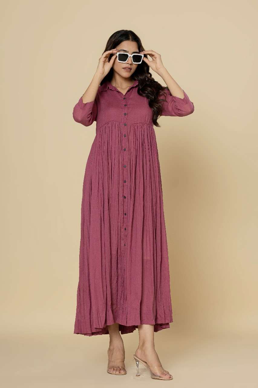Naksh Onion Pink Solid Collared Long Gathered Kurta-Dress