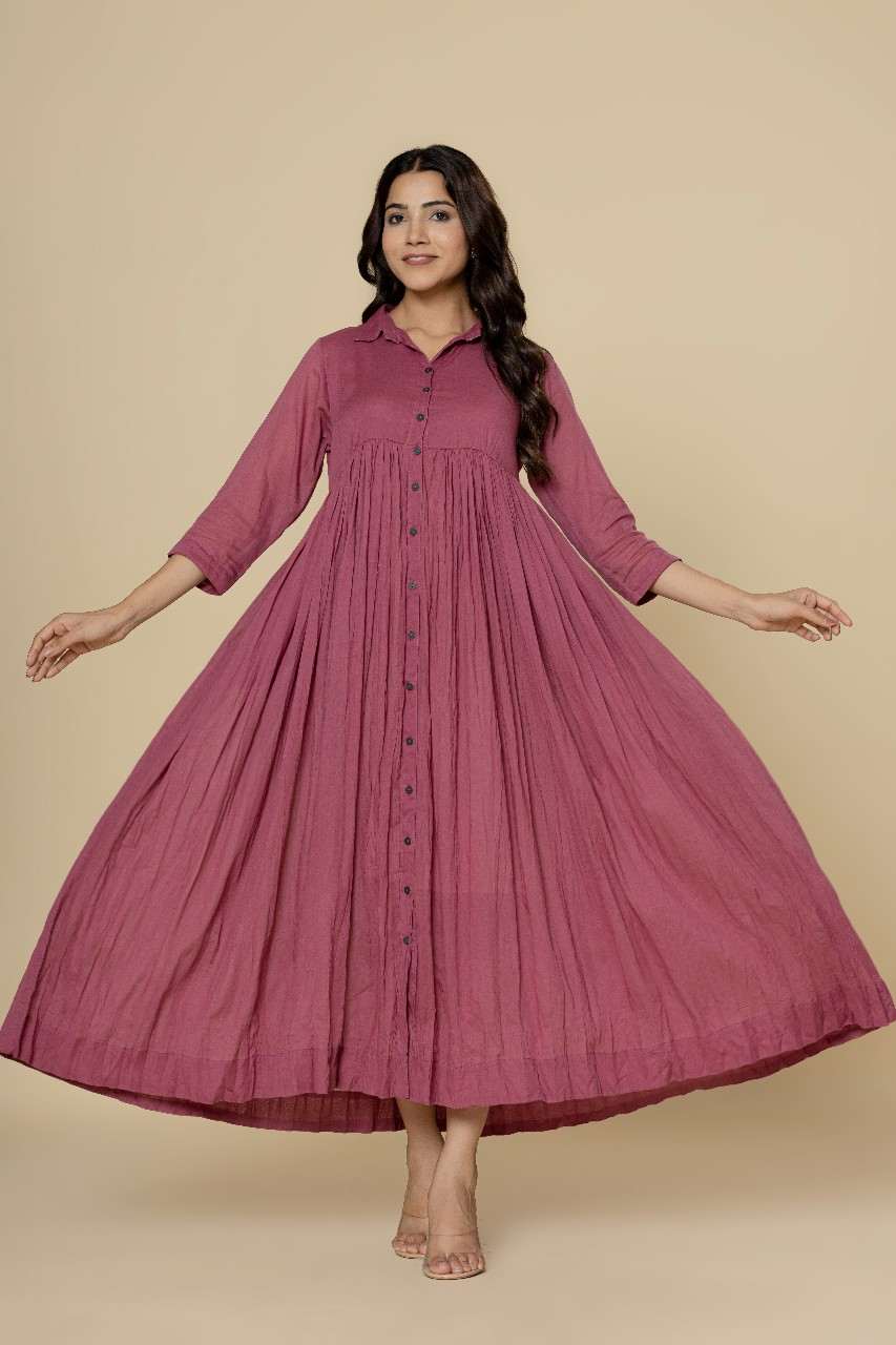Naksh Onion Pink Solid Collared Long Gathered Kurta-Dress