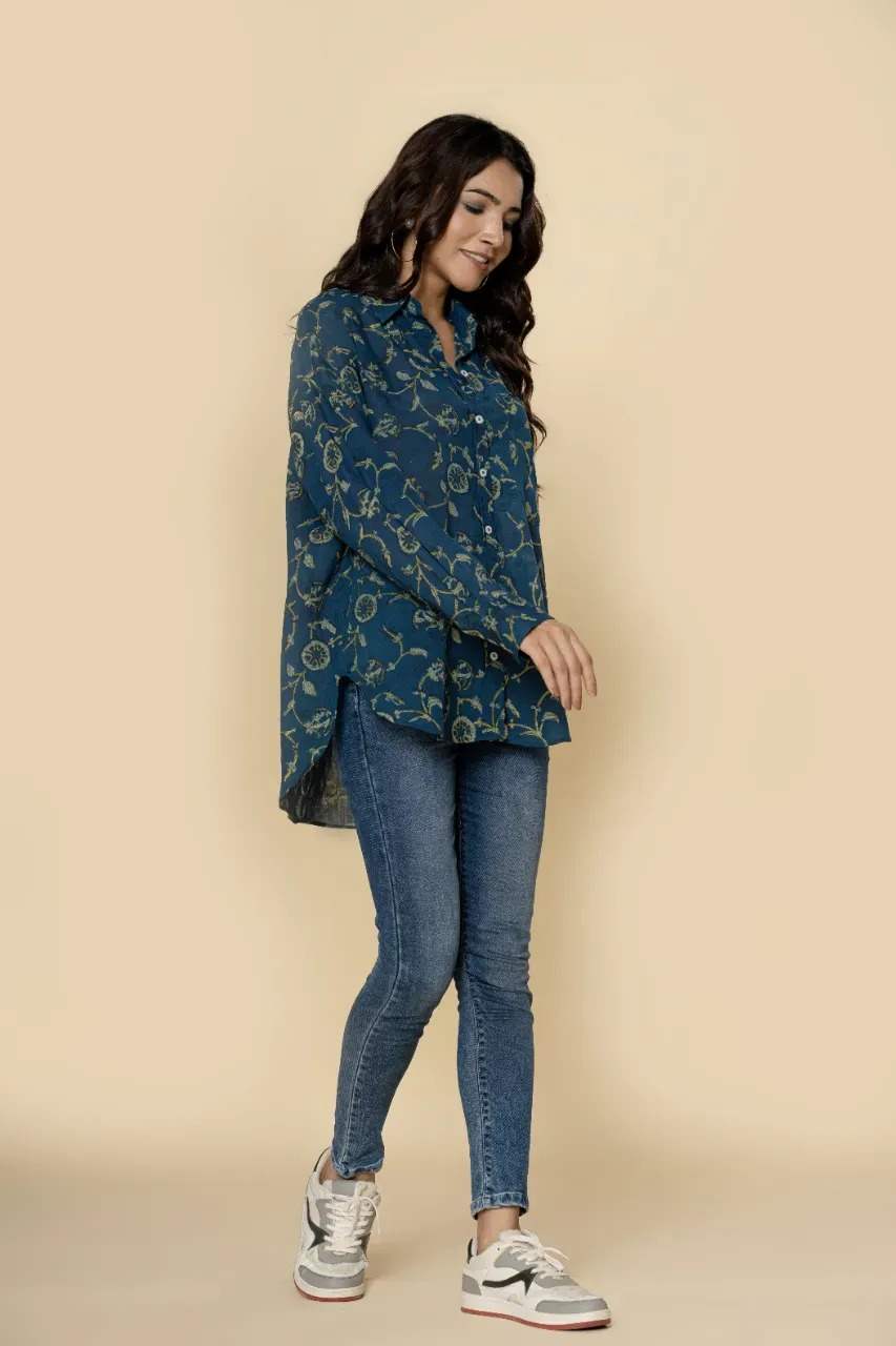 Blue Vanaspati Print Short Shirt