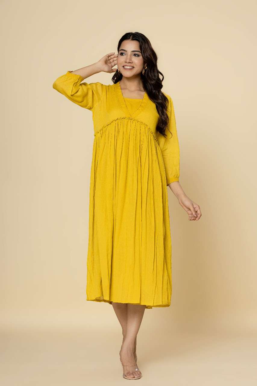 Naksh Yellow Mulmul Gathered Kurta-Dress