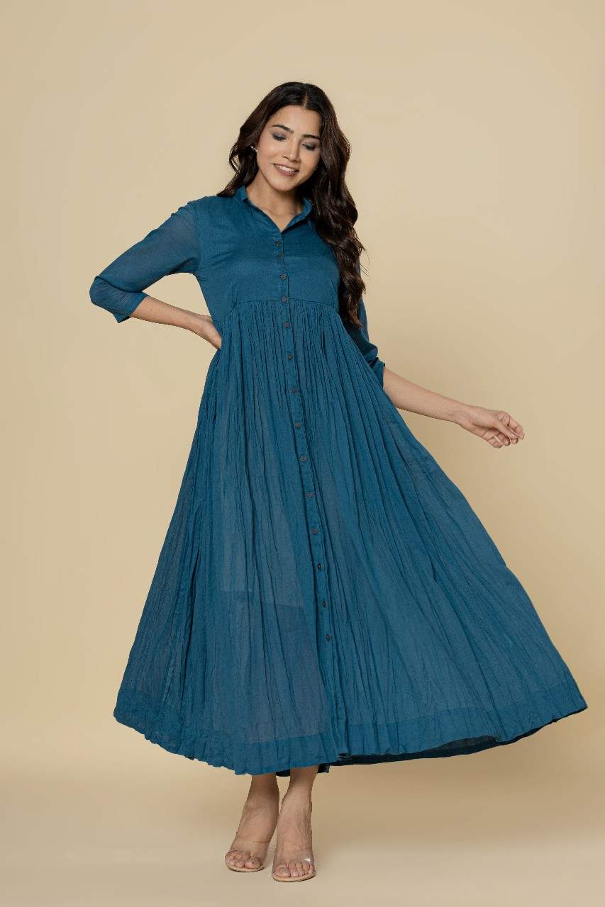 Naksh Teal Blue Solid Collared Long Gathered Kurta-Dress