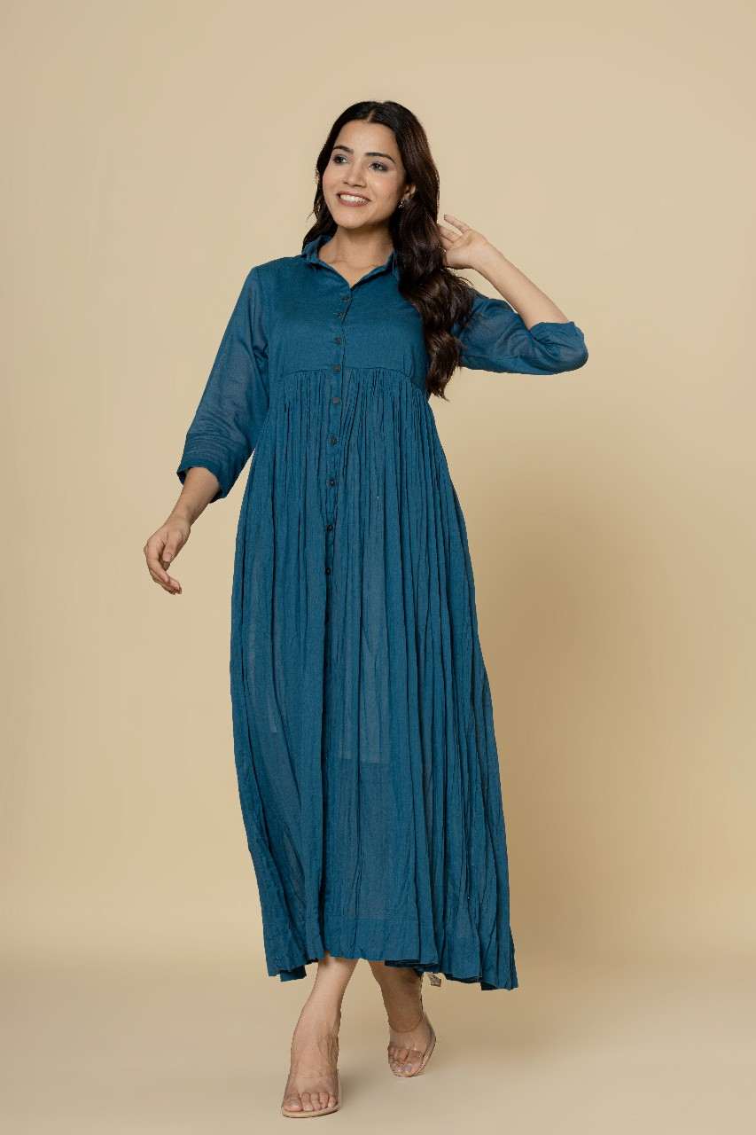 Naksh Teal Blue Solid Collared Long Gathered Kurta-Dress