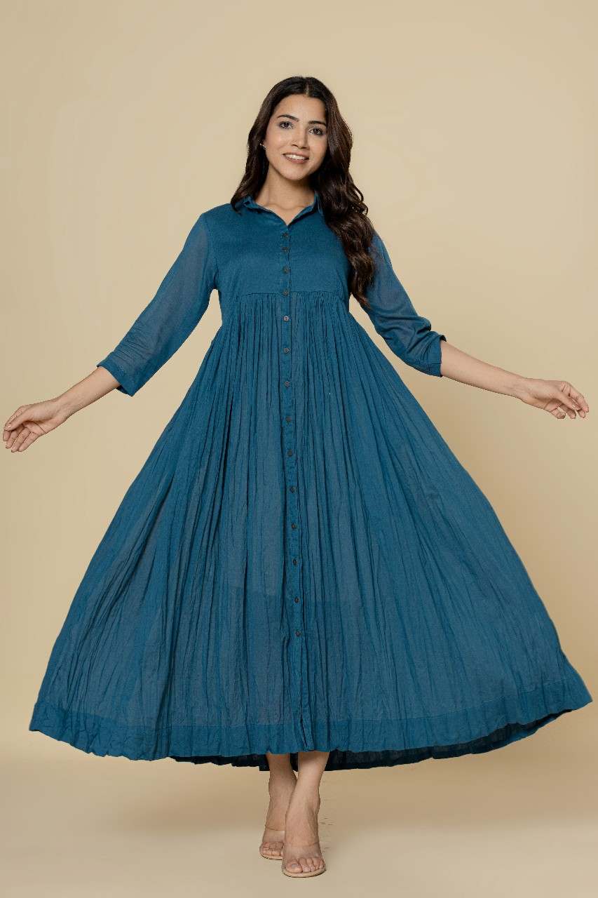 Naksh Teal Blue Solid Collared Long Gathered Kurta-Dress