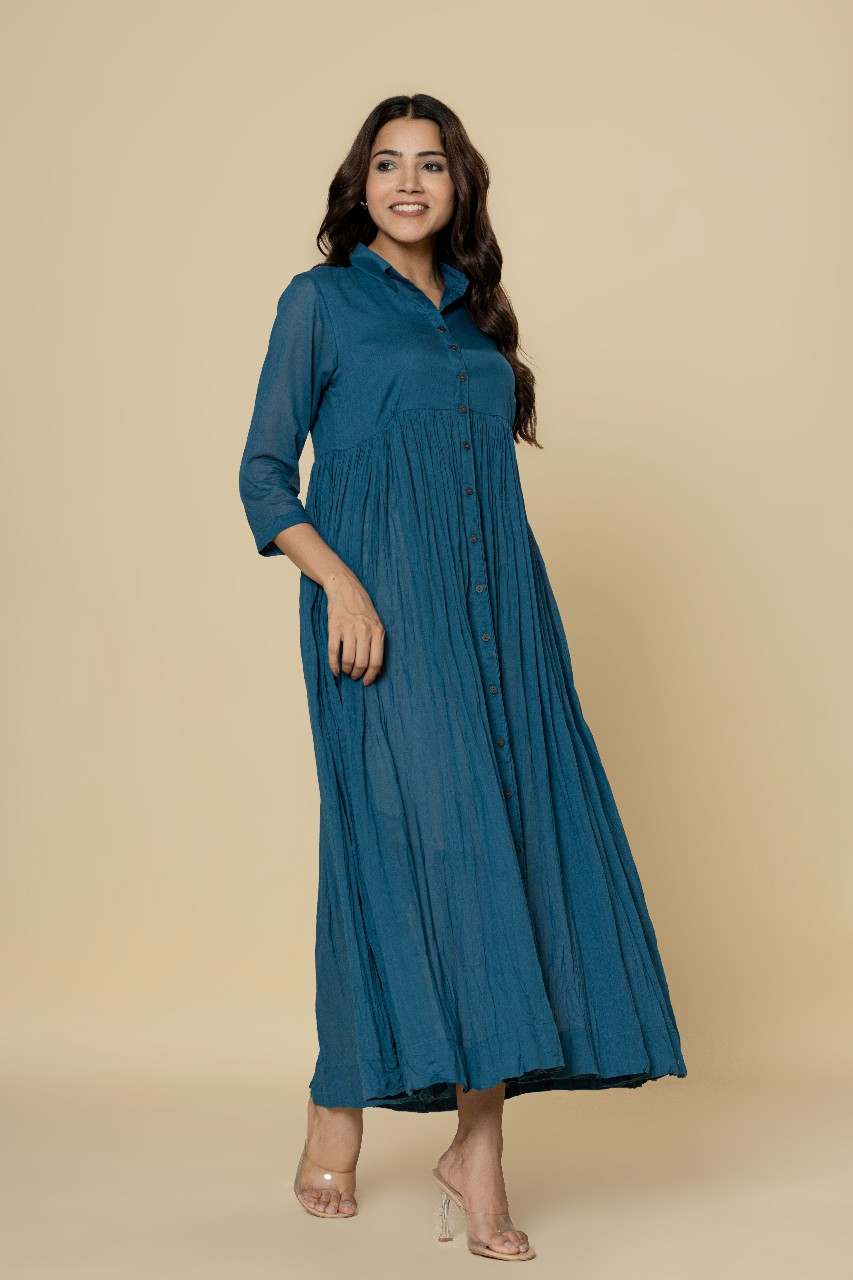 Naksh Teal Blue Solid Collared Long Gathered Kurta-Dress