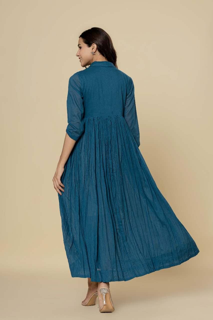 Naksh Teal Blue Solid Collared Long Gathered Kurta-Dress