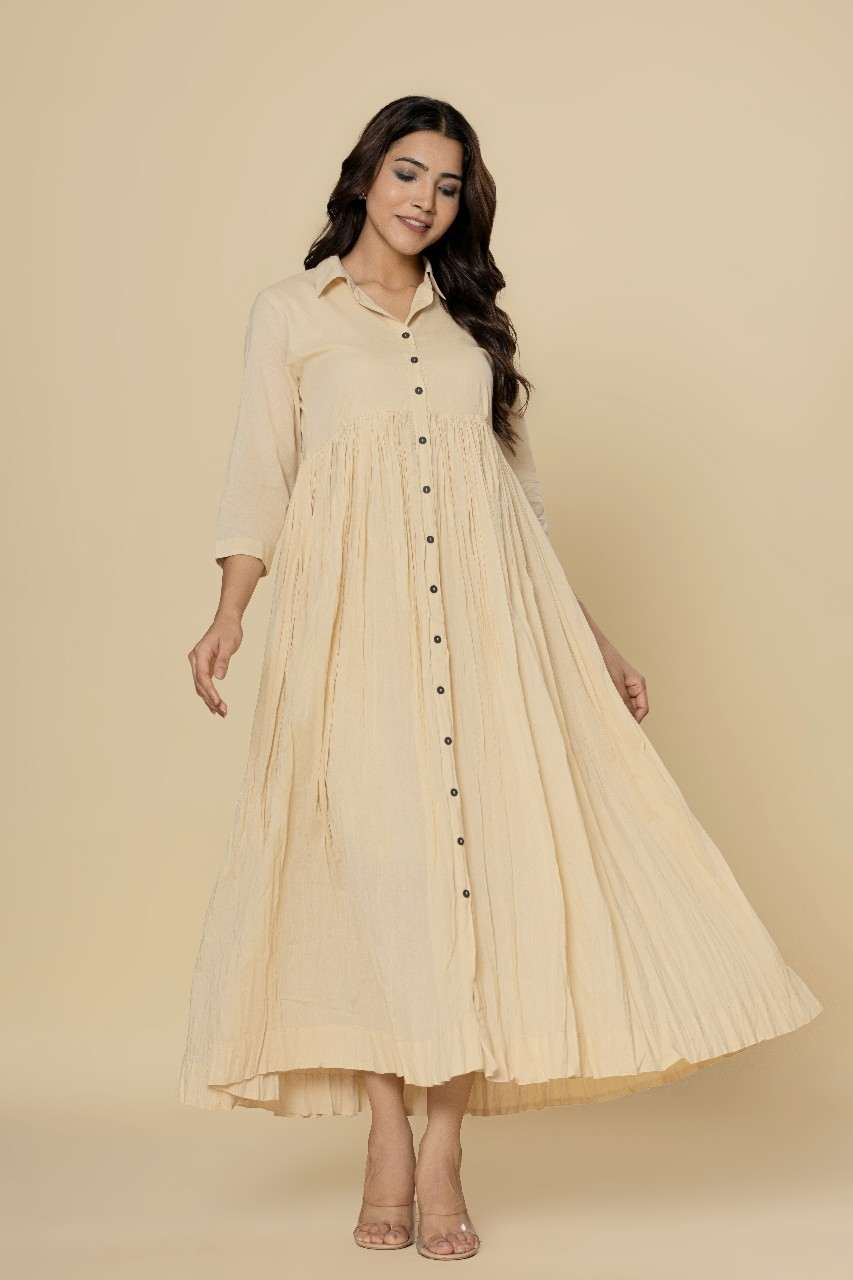 Naksh Off-White Solid Collared Long Gathered Kurta-Dress
