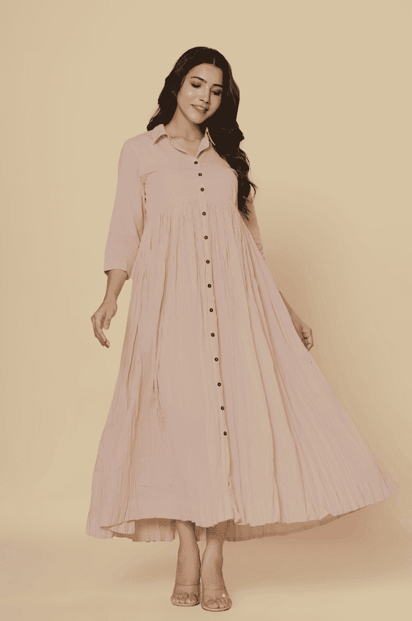 Naksh Dusty Pink Solid Collared Long Gathered Kurta-Dress