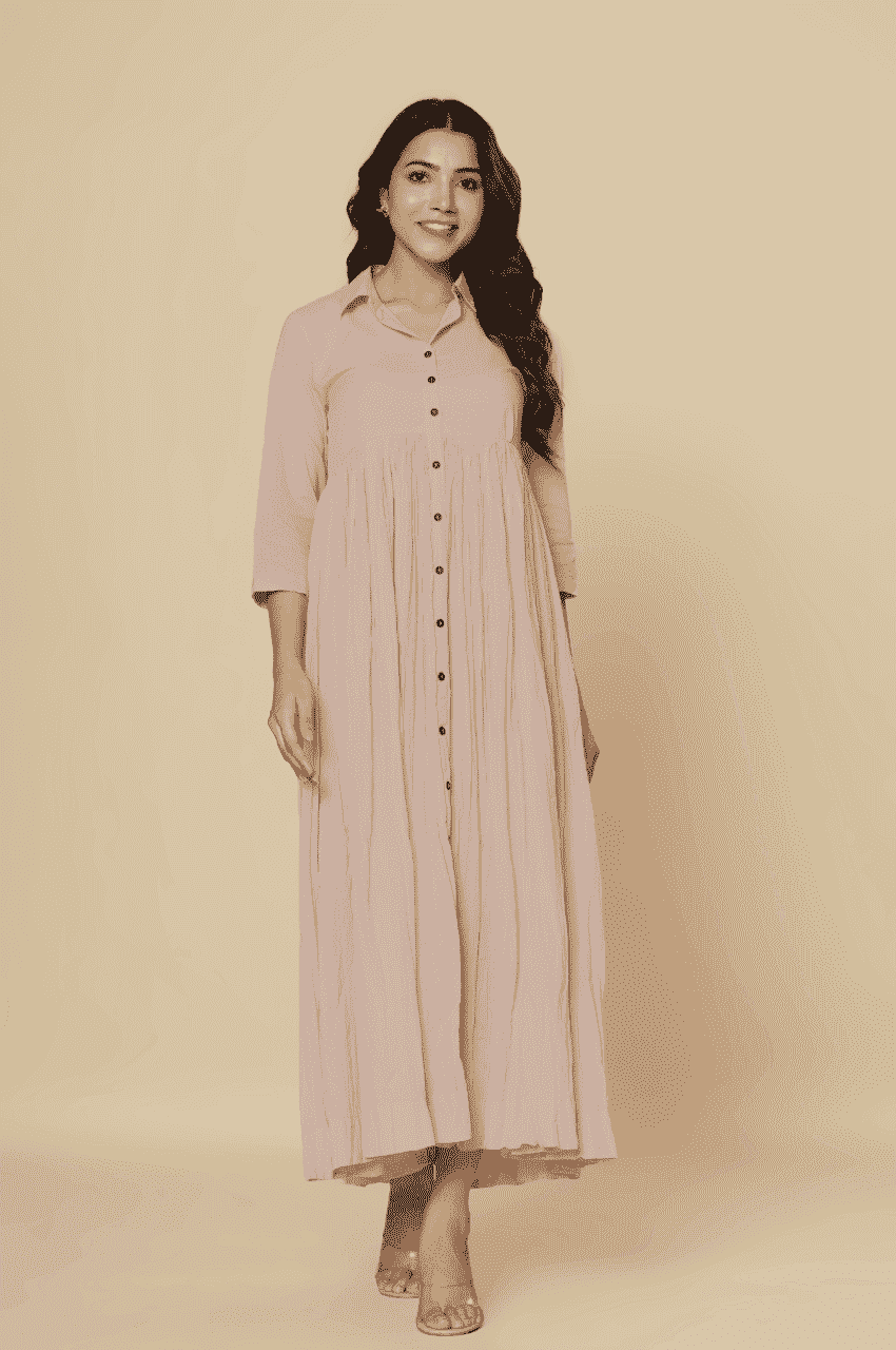 Naksh Dusty Pink Solid Collared Long Gathered Kurta-Dress