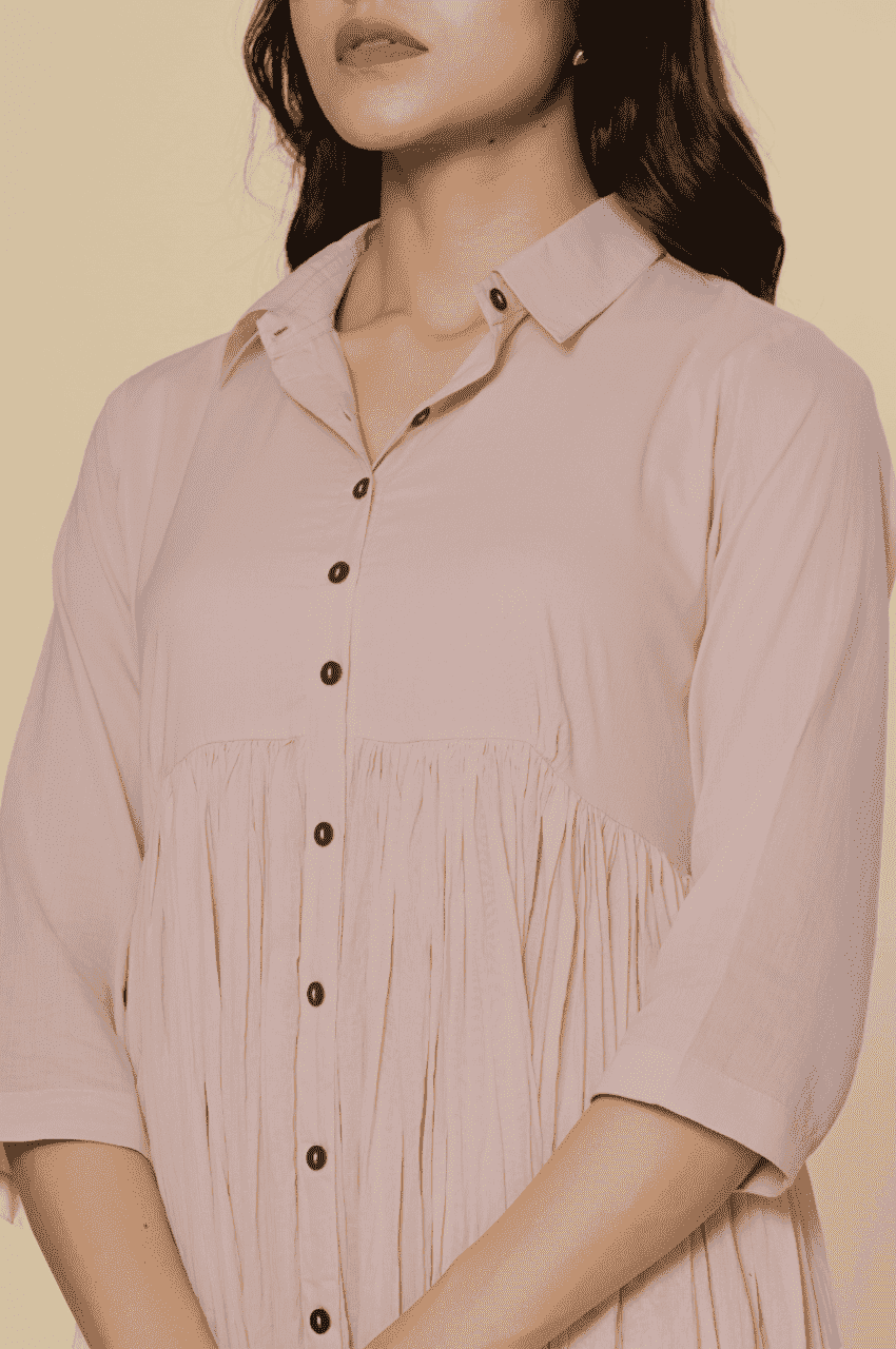 Naksh Dusty Pink Solid Collared Long Gathered Kurta-Dress