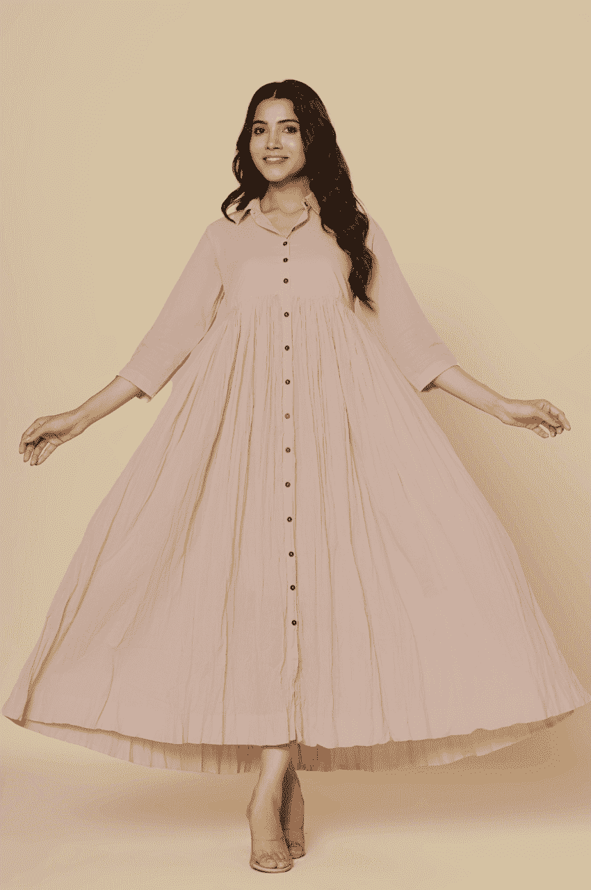 Naksh Dusty Pink Solid Collared Long Gathered Kurta-Dress