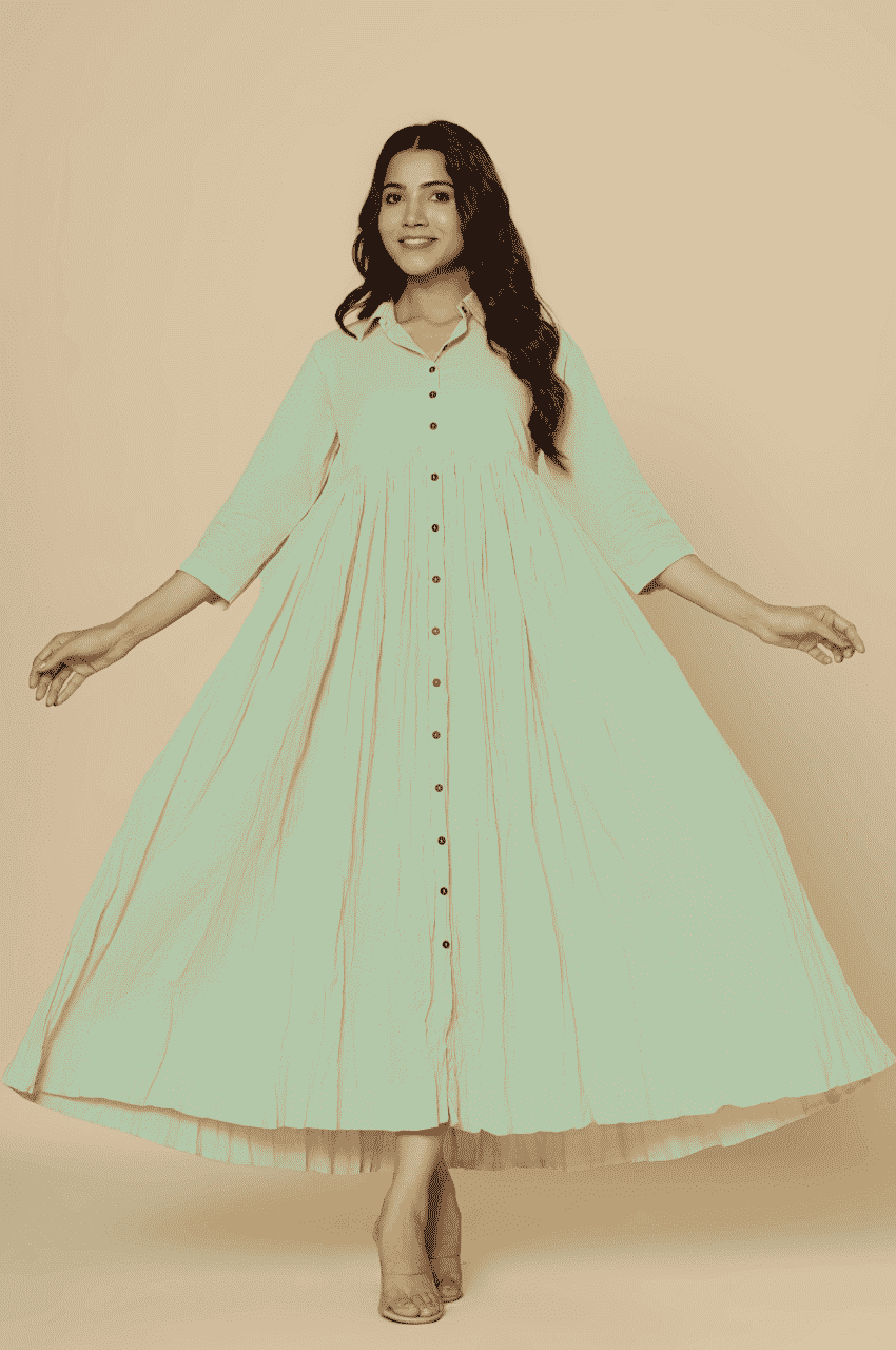 Naksh Light Green Solid Collared Long Gathered Kurta-Dress