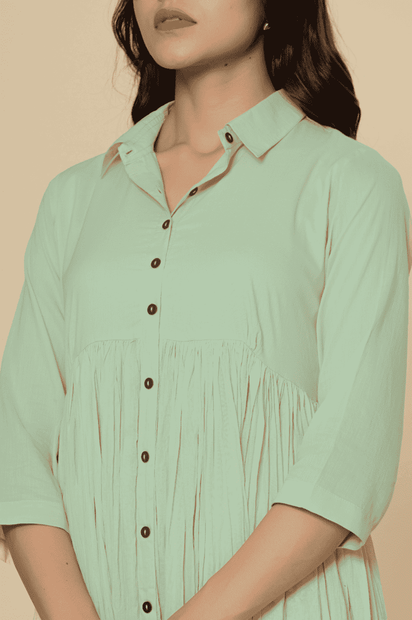 Naksh Light Green Solid Collared Long Gathered Kurta-Dress