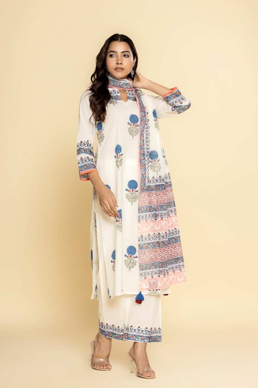 Naksh Ivory Printed Straight Kurta, Dupatta And Pants (Set of 3)