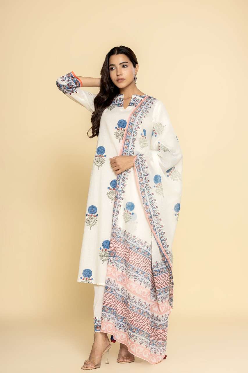Naksh Ivory Printed Straight Kurta, Dupatta And Pants (Set of 3)