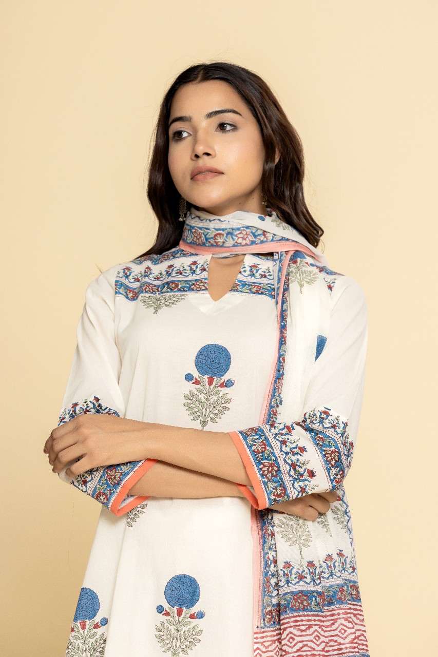 Naksh Ivory Printed Straight Kurta, Dupatta And Pants (Set of 3)