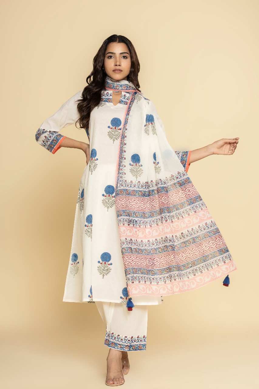 Naksh Ivory Printed Straight Kurta, Dupatta And Pants (Set of 3)