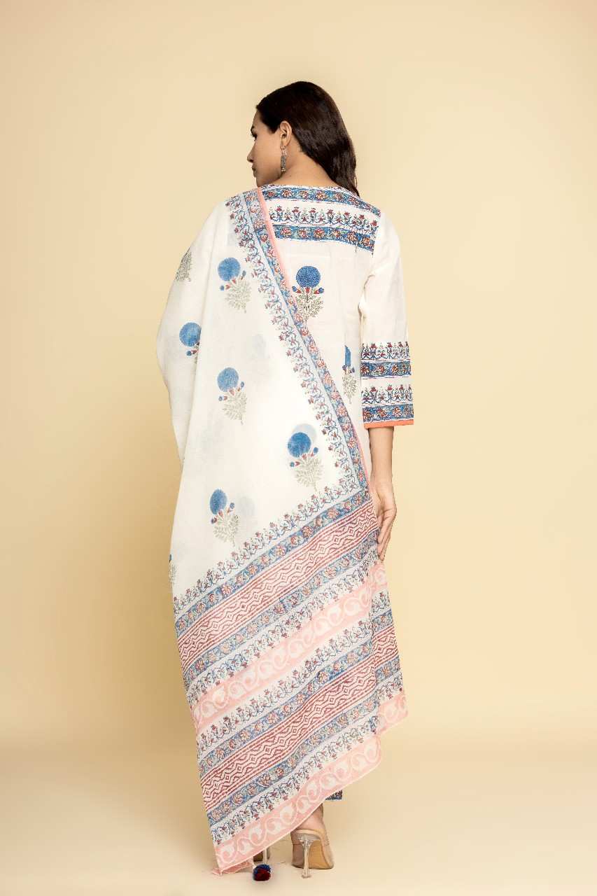 Naksh Ivory Printed Straight Kurta, Dupatta And Pants (Set of 3)