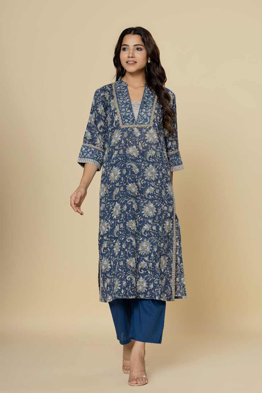Naksh Blue Straight Kurta and Pants (Set of 2)