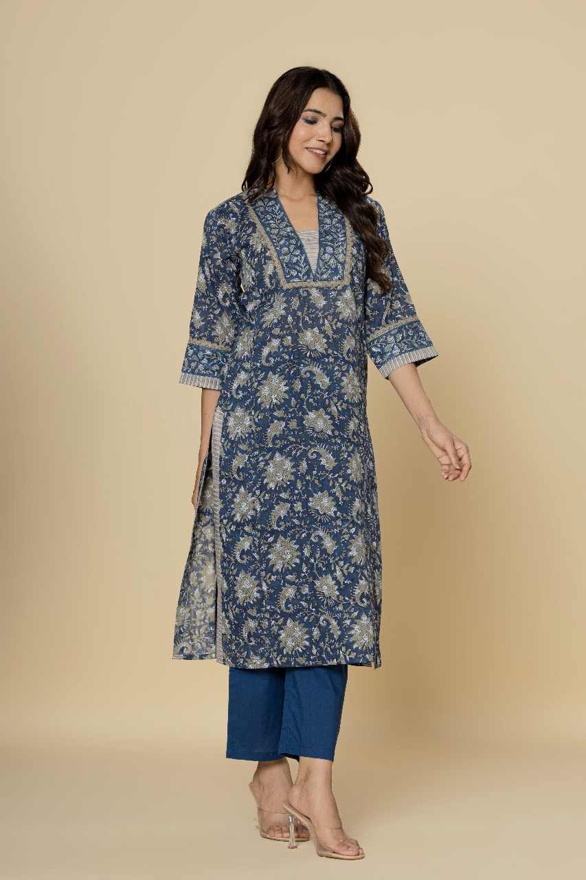 Naksh Blue Straight Kurta and Pants (Set of 2)