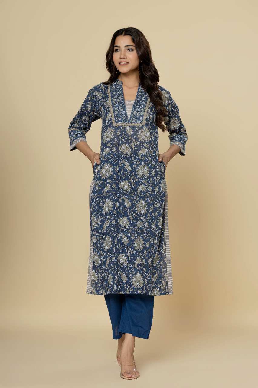 Naksh Blue Straight Kurta and Pants (Set of 2)